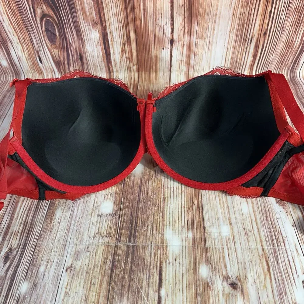 Cacique BOOST BALCONETTE Size 42F Red Lace Black Underlay Padded Underwire Bra - Picture 4 of 6